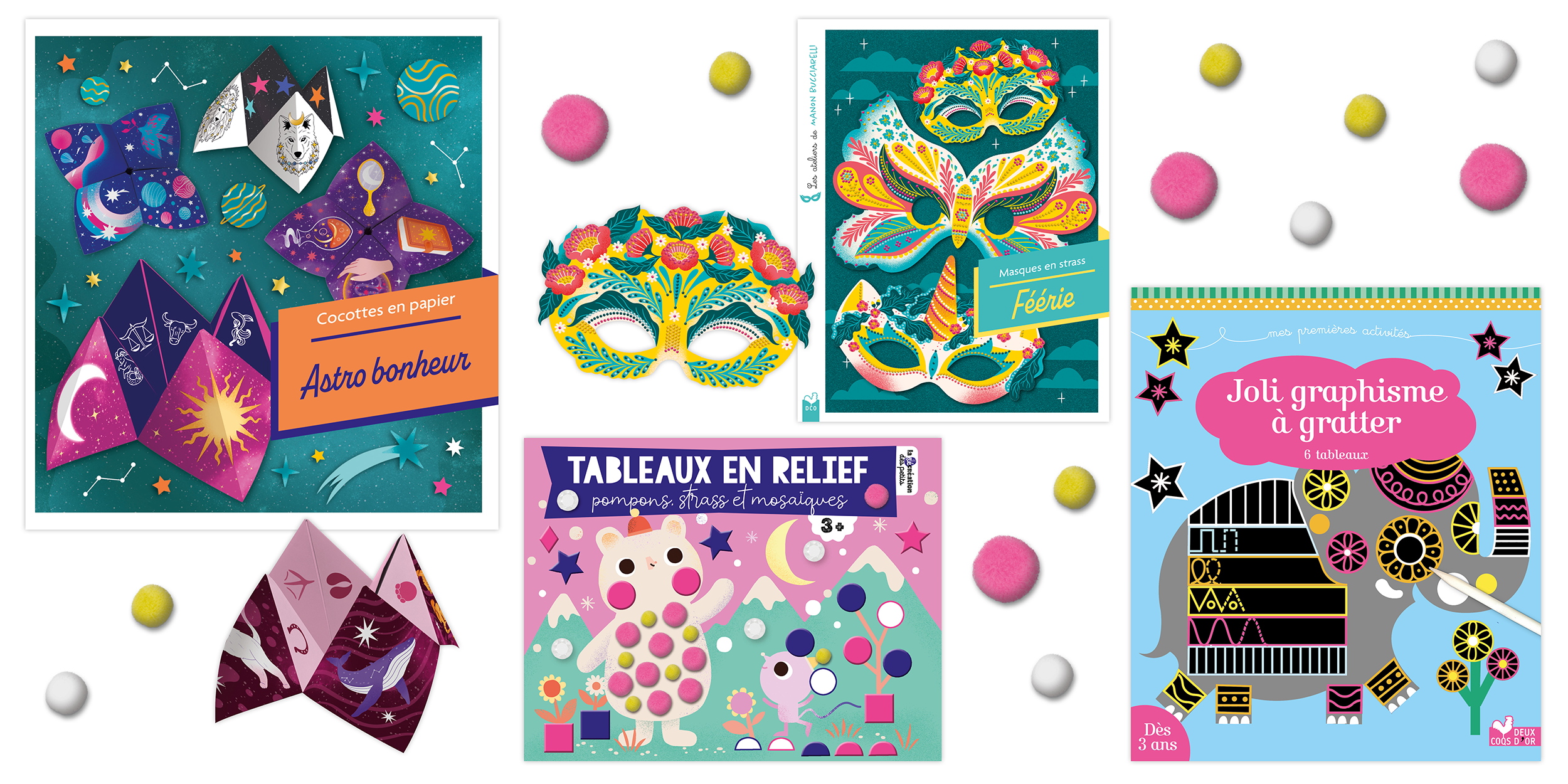 astro, masques, féérie, cartes à gratter, graphisme, pompons, cocottes